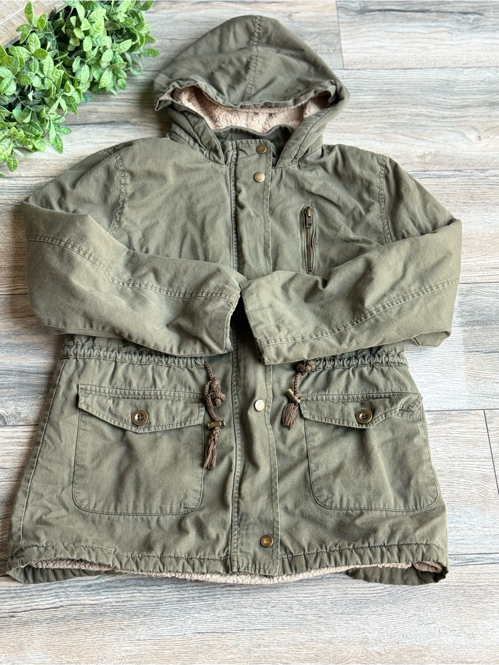 Olive Green Hooded Utility Jacket with Sherpa Lining